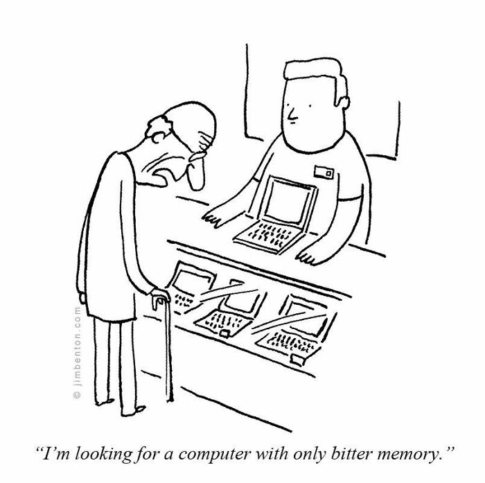 A New Yorker cartoon illustrating everyday absurdity, showing an old man with a cane at a computer store asking for 'a computer with only bitter memory.'