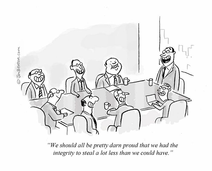 A New Yorker cartoon depicts suited men in a meeting, capturing everyday absurdity with their proud statement.