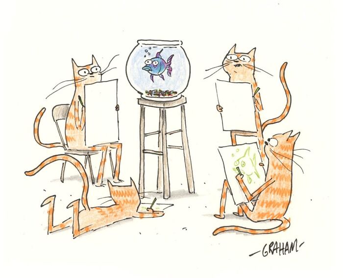 Cats seated around fishbowl drawing and painting in cat comics