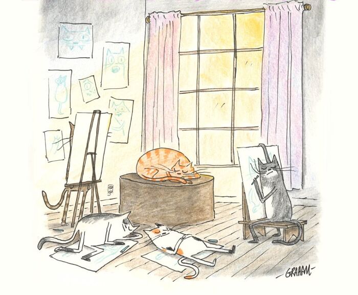 Cats practicing figure drawing in art studio cat comics
