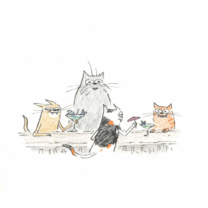 Weird cat comics: Four cats at a bar, one holding a drink with an umbrella, another with a martini.