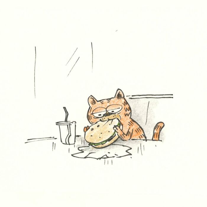 A funny cat comic featuring a cat with a burger and a drink, embodying internet felines.