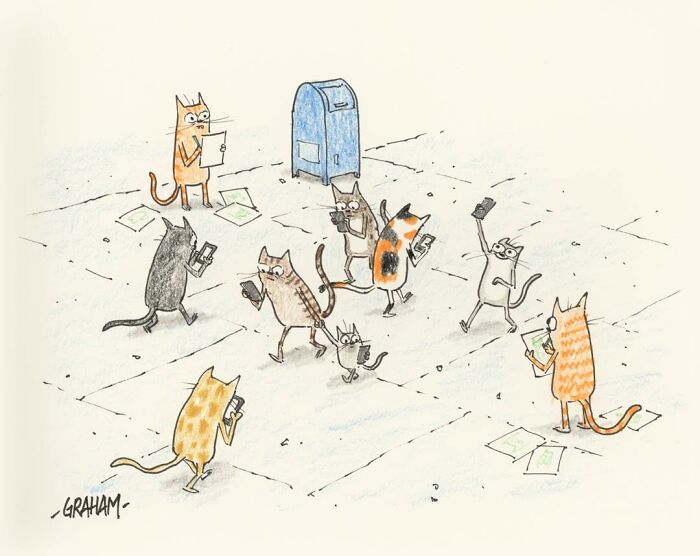 A cat comic showcasing cats intensely focused on their phones on a city street, with a mailbox nearby.