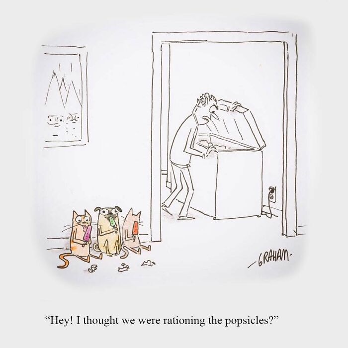 A cat comic illustrating cats eating popsicles while a man looks in a freezer, highlighting funny cat comics.