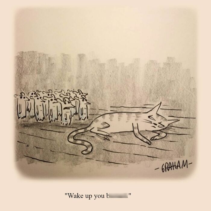 A sleepy cat cartoon lying on the ground, surrounded by tiny, ghost-like figures with a cityscape in the background, a cat comic.