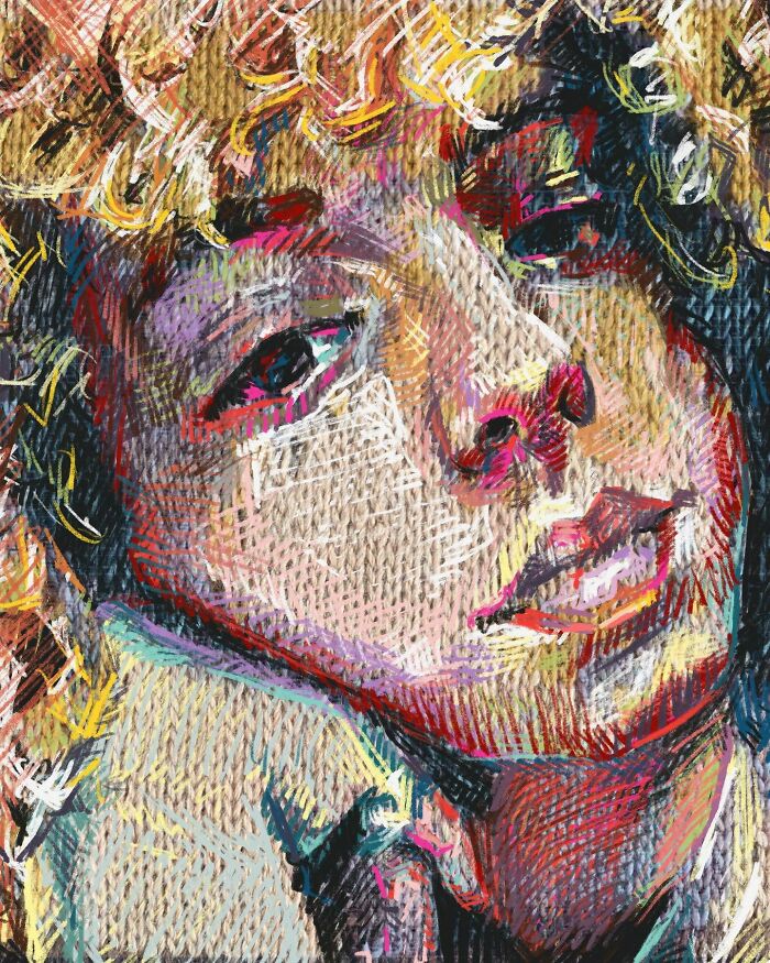A textured knitted portrait of a person looking upwards, illustrating the fusion of traditional knitting and modern art.