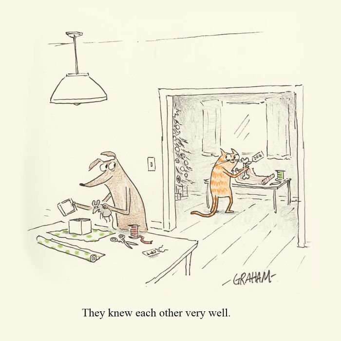 A delightfully weird cat comic depicting a dog wrapping gifts while a cat wraps a bone-shaped present.
