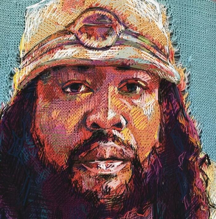 A detailed knitted portrait of a man with a hat and long hair, blending traditional knitting with modern art.