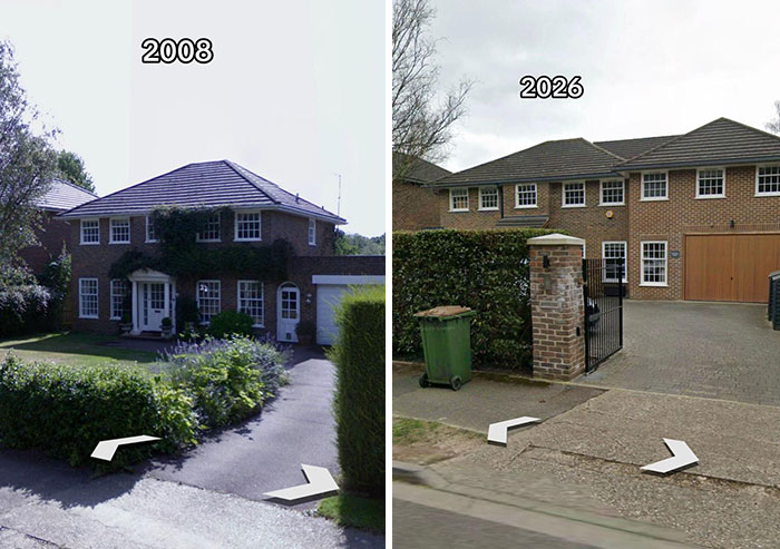 Then vs now pic of houses showing a classic brick house updated with new driveways and gates, making the internet seriously mad.
