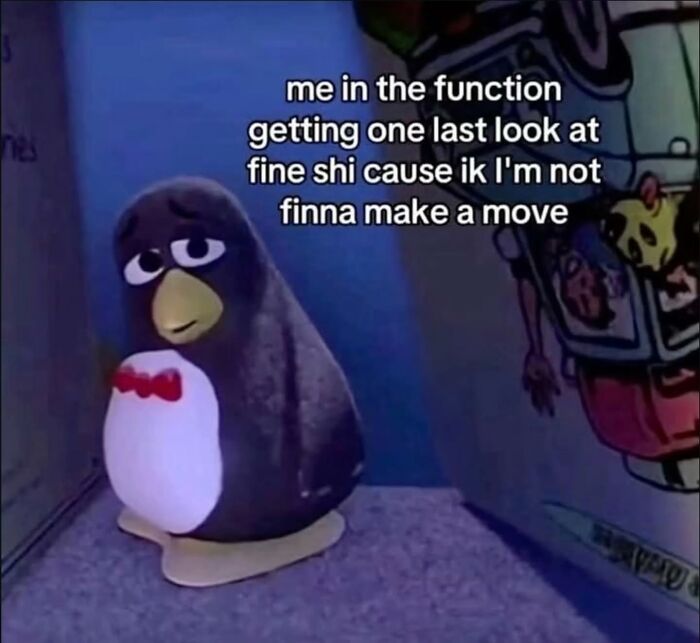 A sad penguin cartoon, a relatable meme about looking at something desirable but not making a move.