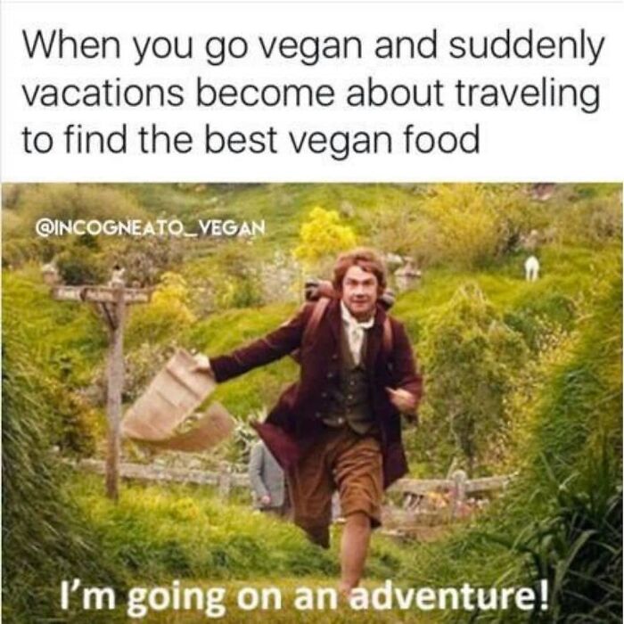 A meme of Bilbo Baggins from Lord of the Rings running, representing vegans' adventurous pursuit of vegan food.