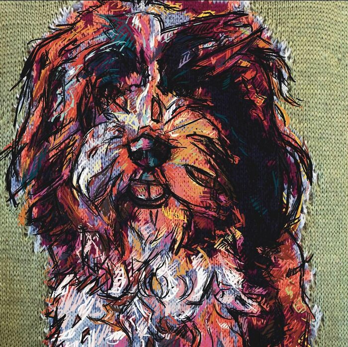 A vibrant, colorful knitted portrait of a fluffy dog, showcasing traditional knitting with modern art.