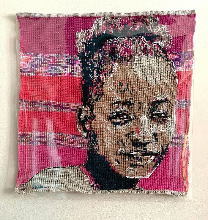 A captivating modern art portrait of a young person with short hair, skillfully created using traditional knitting.