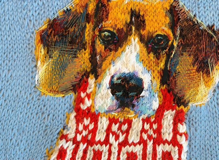 A stunning knitting portrait of a dog in a festive red and white sweater, combining traditional knitting with modern art.