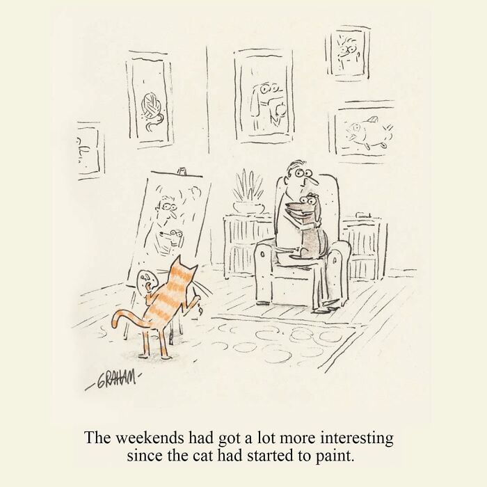 A delightfully weird cat comic featuring a cat painting a portrait of its owner, who is reading on a chair.