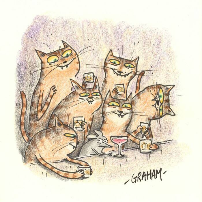 Weird cat comics: several cats at a bar, some holding drinks, with a mouse also at the counter.
