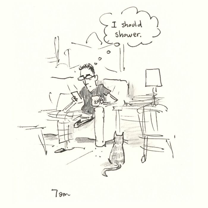 Weird cat comics: a man on a sofa thinks I should shower while a cat sits nearby, observing him.