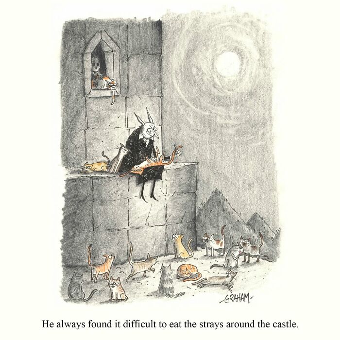 Weird cat comics: a vampire surrounded by many cats on a castle wall under a full moon, holding a cat.