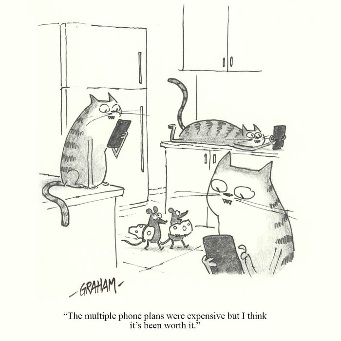 A comic of multiple weird cat comics, two cats looking at phones, and two mice with phones, discussing phone plans.