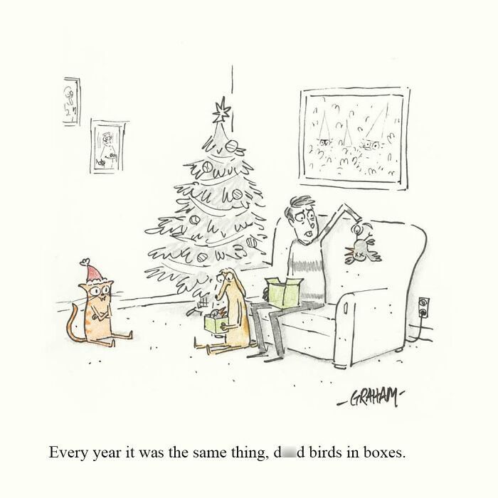 A cat comic shows a cat in a Santa hat next to a Christmas tree as a man opens a gift containing a d**d bird.