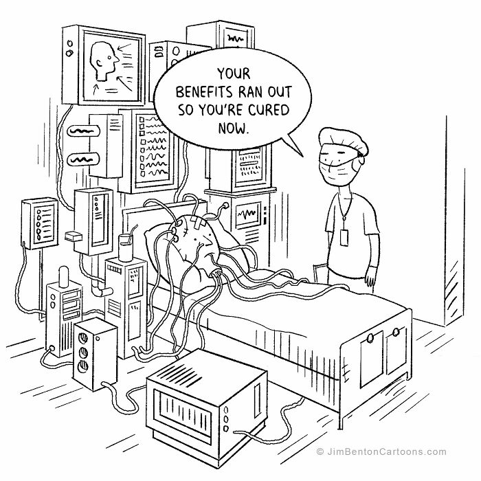 A New Yorker cartoon shows a patient in a hospital bed with a doctor, illustrating healthcare absurdity.