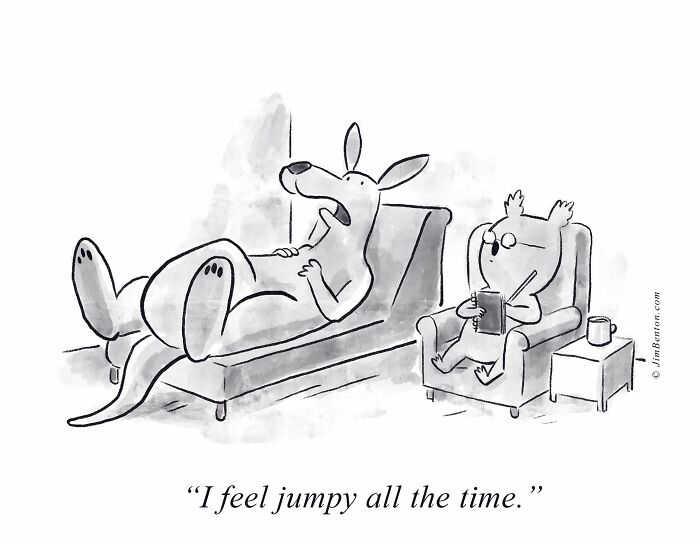 A New Yorker cartoon features a kangaroo on a therapy couch talking to a therapist, depicting everyday absurdity.