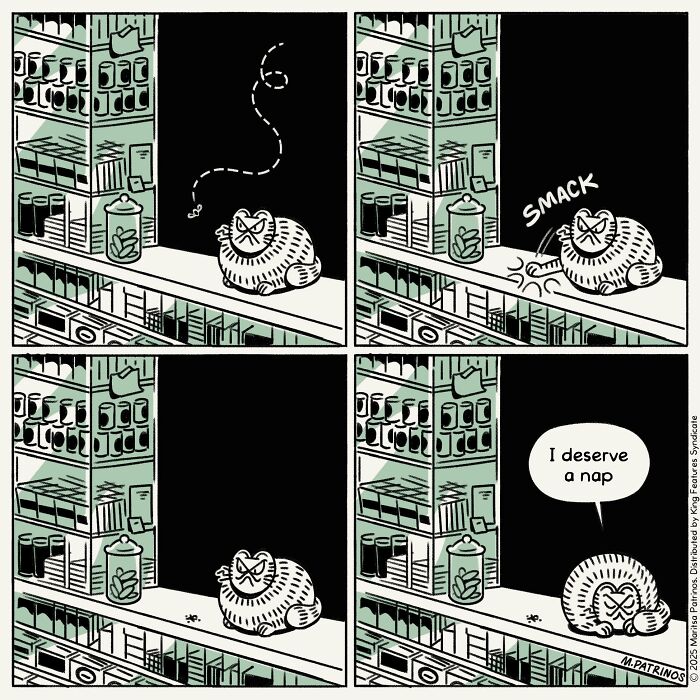 Cartoonist imagines cats with jobs, a cat on a shelf batting at a fly, then deciding it deserves a nap.