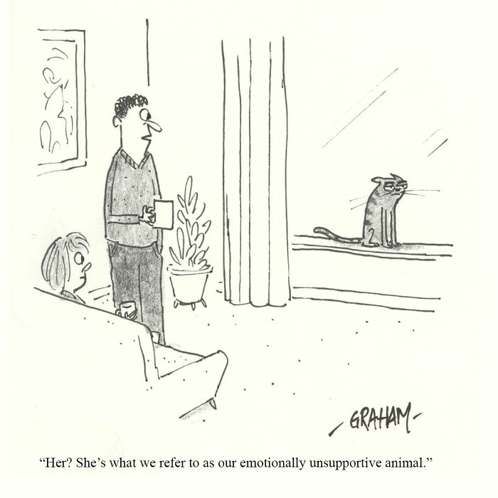 A cat comic shows a couple discussing their emotionally unsupportive feline, which glares from a windowsill.