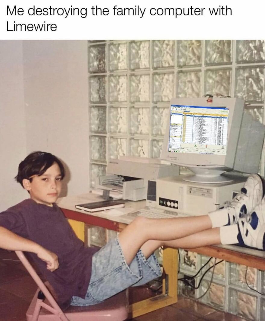 A '90s baby using Limewire on an old computer, a common '90s memory.