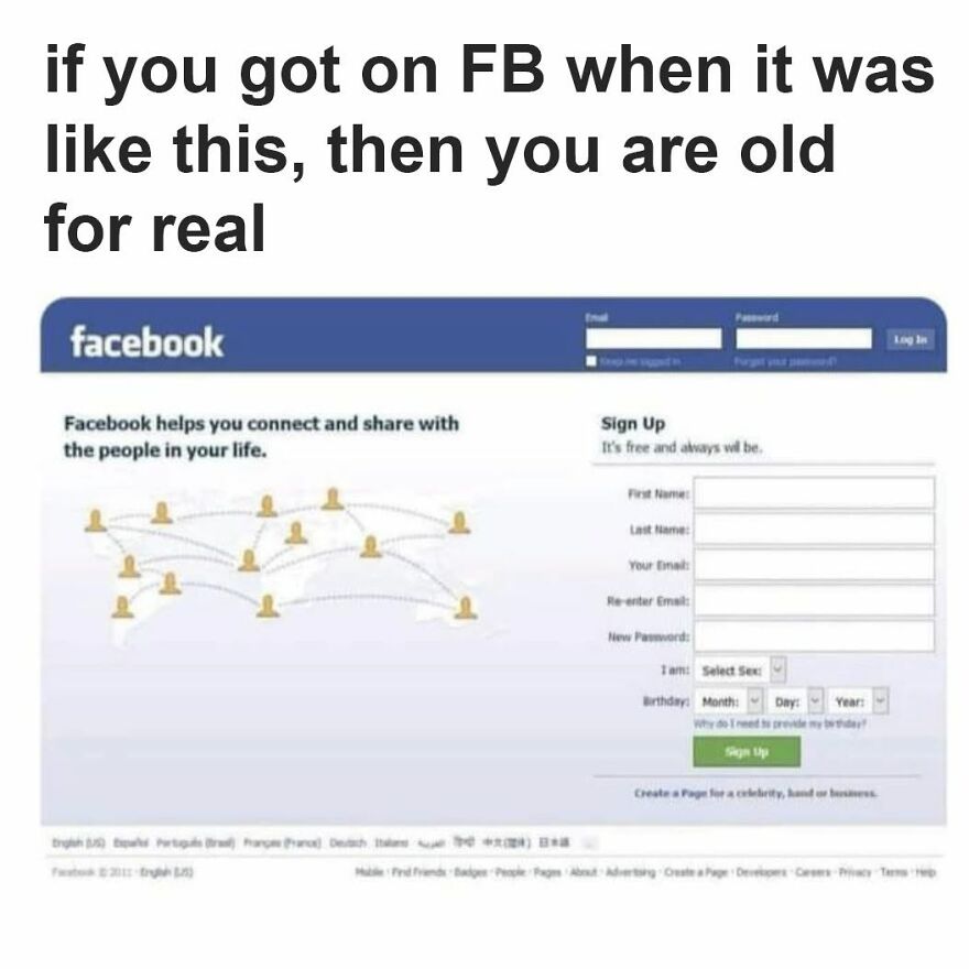 A screenshot of the old Facebook sign-up page, a memory for 90s babies who joined early.