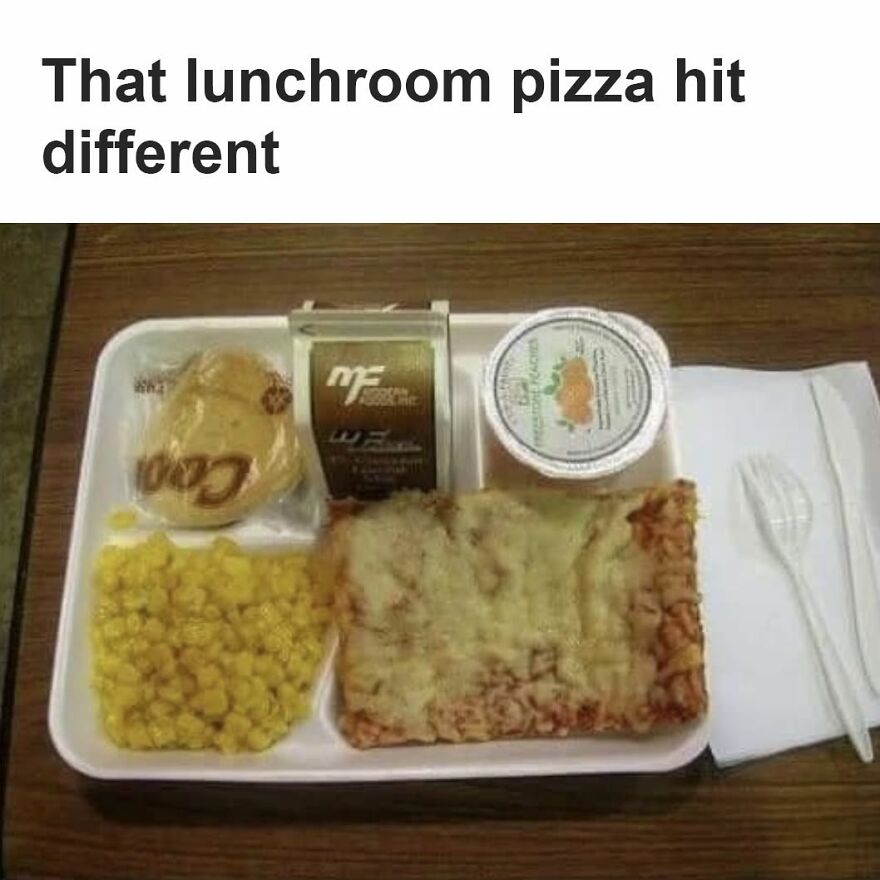 A school lunch tray with pizza and corn, a '90s babies lunchroom memory.
