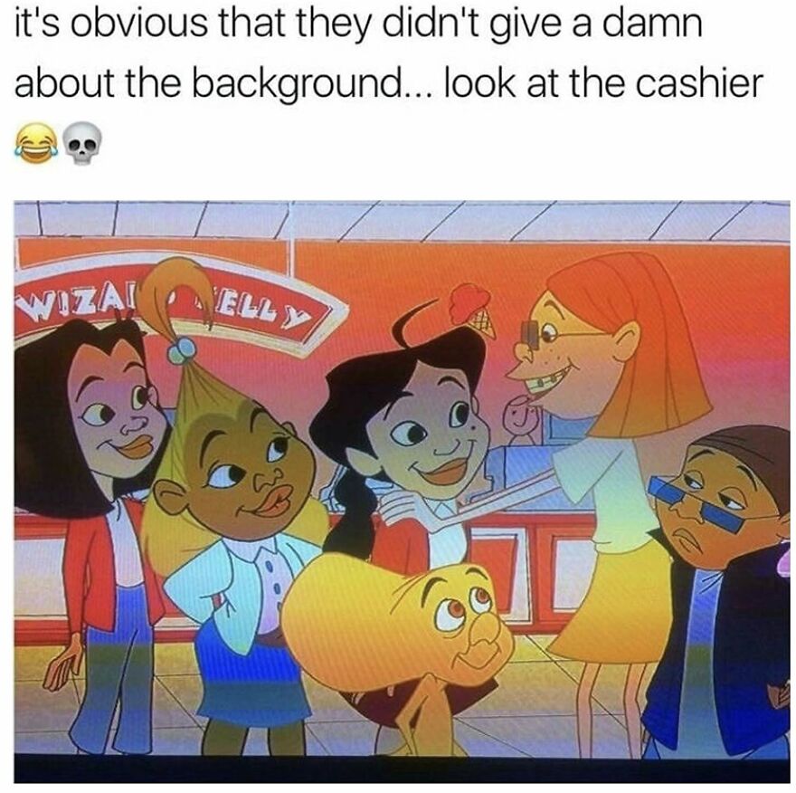 Animated characters from The Proud Family in a meme about background art, a memory for 90s babies.