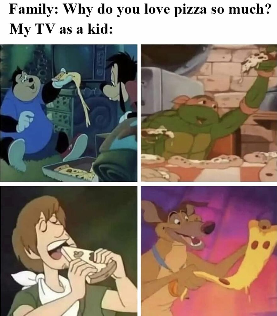 Collage of cartoon characters eating pizza, representing a core memory for 90s babies.