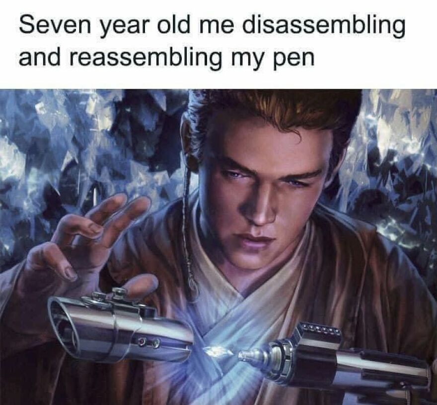 A meme with a 90s baby disassembling and reassembling a pen, depicted as a Jedi building a lightsaber.