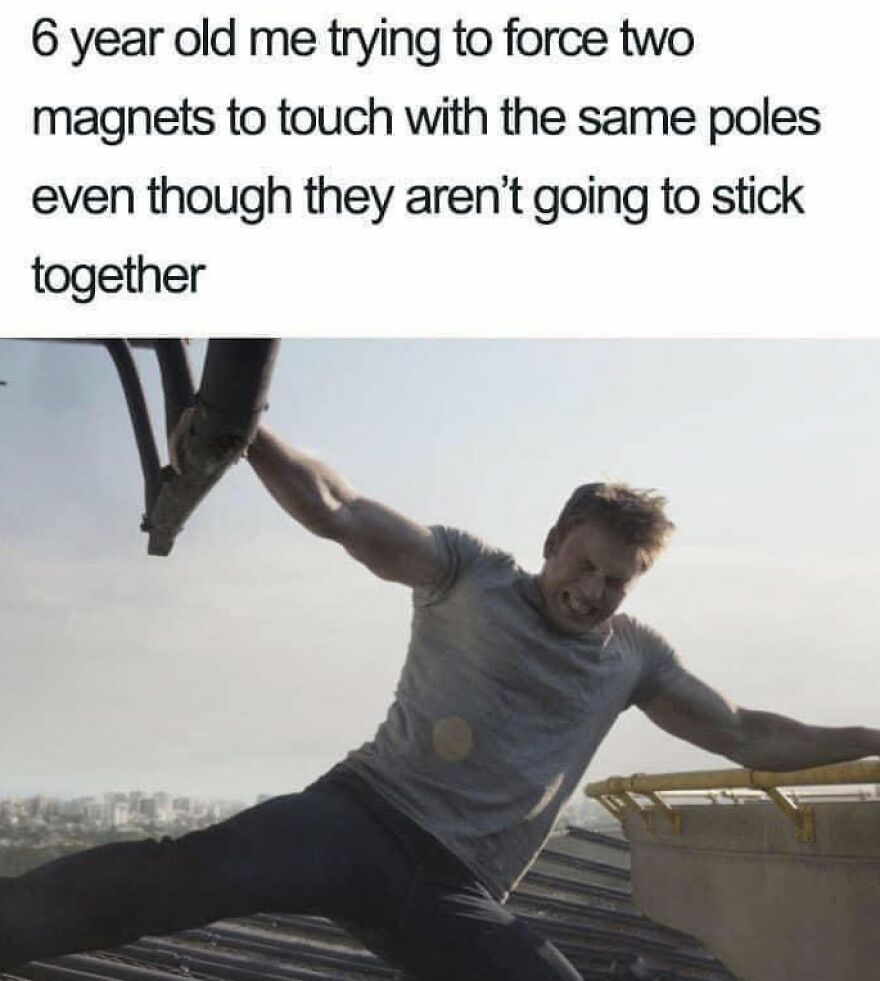 A meme showing a 90s baby trying to force two magnets together, resembling Captain America struggling.