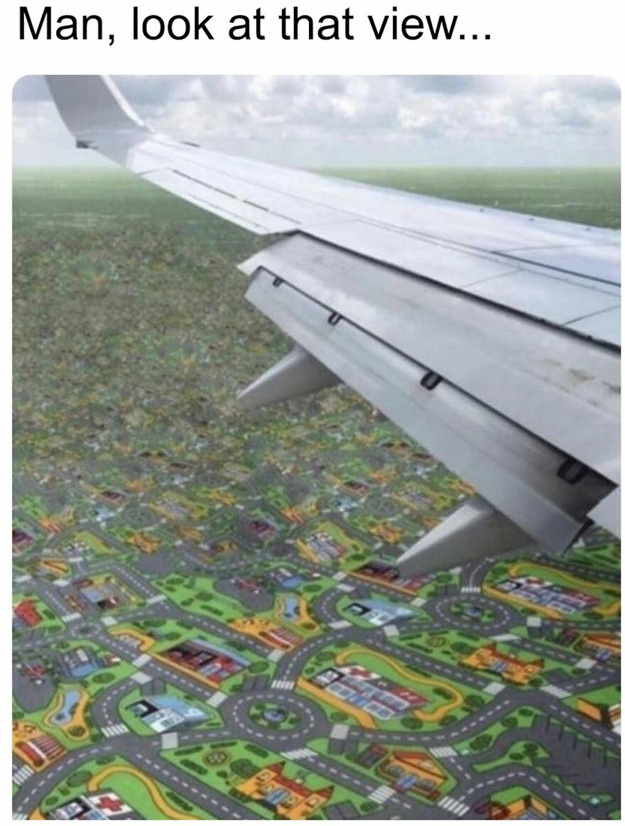 A meme showing a plane flying over a road-map playmat, a relatable memory for 90s babies.
