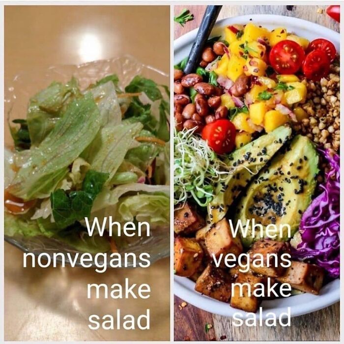 A split image meme showcasing the difference between non-vegan and vegan salad preparations, highlighting vegans' sense of humor.