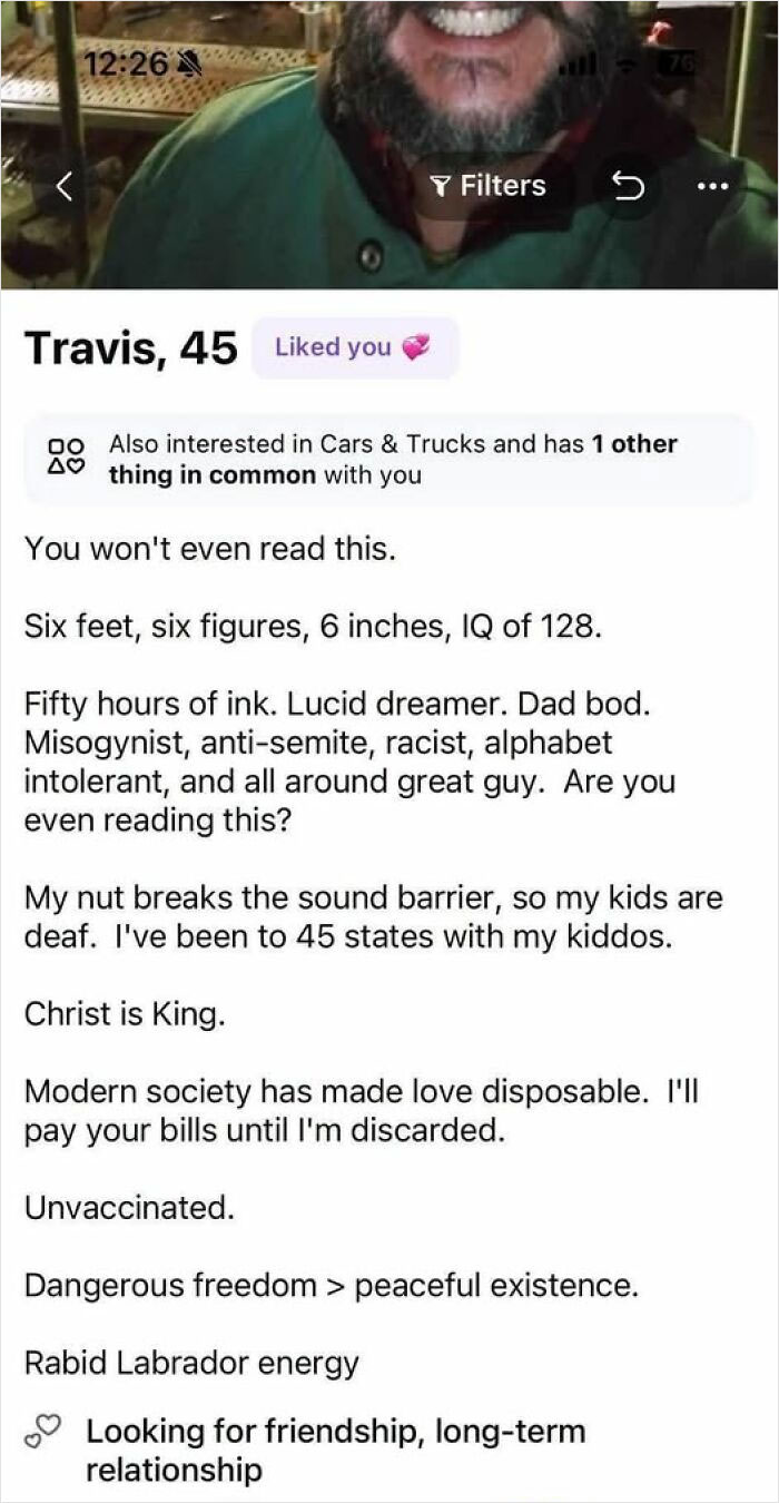 A dating profile describing a man with funny examples of a highly inflated sense of self.