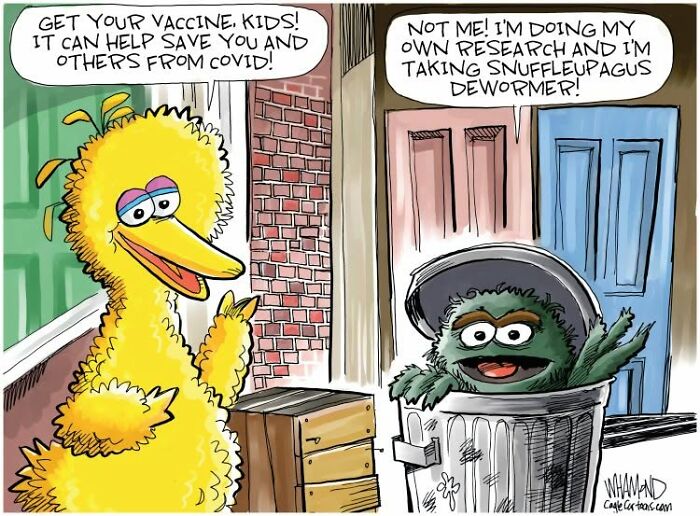 Dave Whamond comic with Pop Culture Icons, Big Bird and Oscar the Grouch, discussing vaccines.