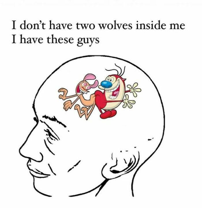 A Gen X meme showing an outline of a head with Ren and Stimpy cartoon characters inside it.