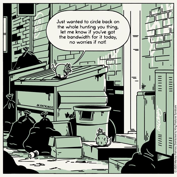 Cartoonist imagines cats with jobs, a cat on a dumpster asking a mouse about its hunting availability.
