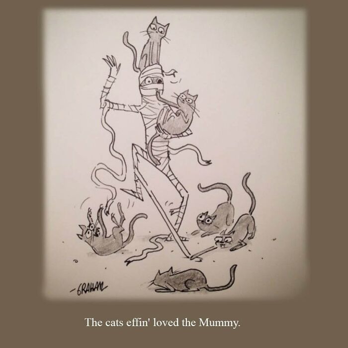 A cat comic depicts a mummy being attacked and played with by several cats, showing why felines rule the internet.