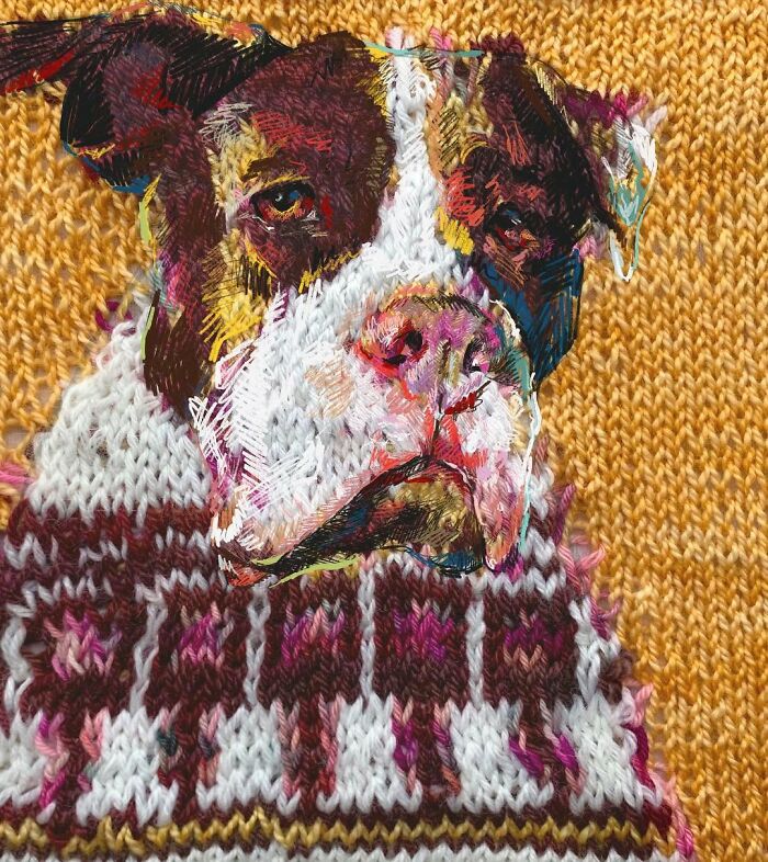 A stunning knitting portrait of a dog wearing a sweater, showcasing traditional knitting with modern art.