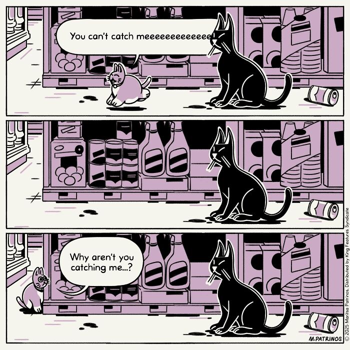 Cartoonist imagines cats with jobs, a playful kitten trying to engage an indifferent adult cat in a supermarket aisle.