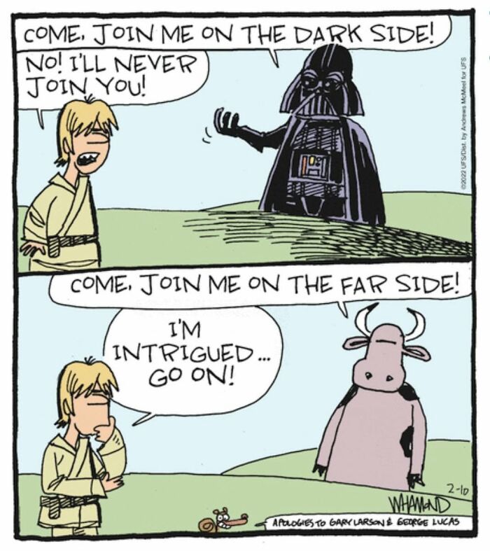 Dave Whamond comic with Pop Culture Icons, Luke Skywalker and Darth Vader, with a cow.