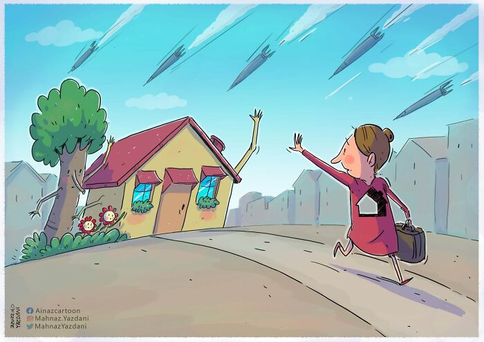 A satirical illustration of a woman running from a house and a tree with arms, as missiles fall from the sky, critiquing modern society.