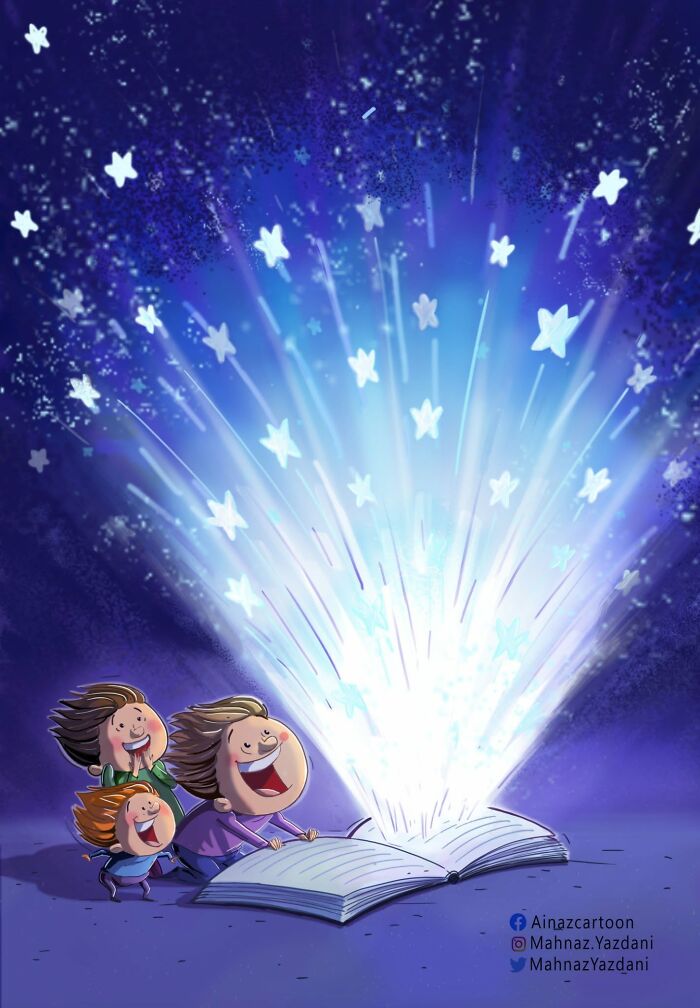 A satirical illustration depicting children joyfully looking at a book emitting a bright light and stars, symbolizing the magic of reading in modern society.