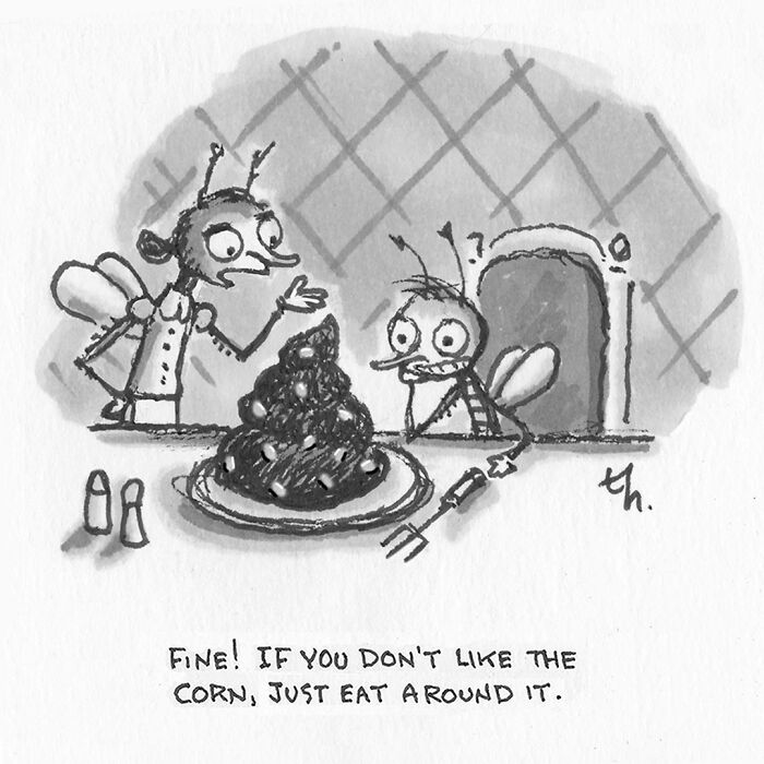 A humorous single-panel cartoon by Tim Haggerty shows two bugs at a table with a pile of food, one complaining.