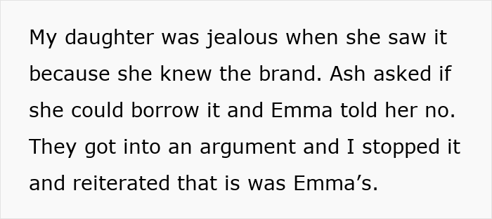Text describing the argument when Ash wanted to borrow the designer purse and Emma refused. Text describing the argument when Ash wanted to borrow the designer purse and Emma refused.