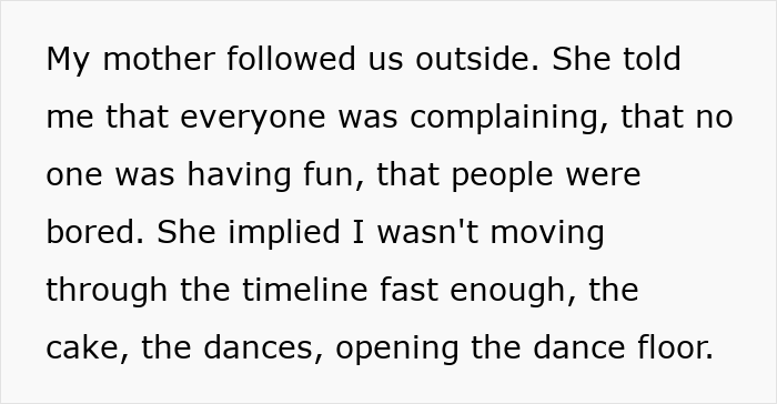 Mom takes over daughter's wedding dance floor, implying the timeline for dances is too slow.